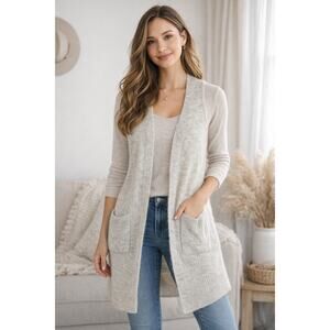 Lucky Brand Sweater Vest Small Gray Wool Blend Open Front Long Pockets Boho Chic